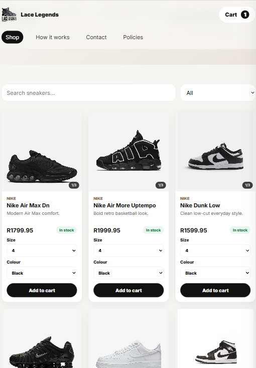 Lace Legends e-commerce website screenshot