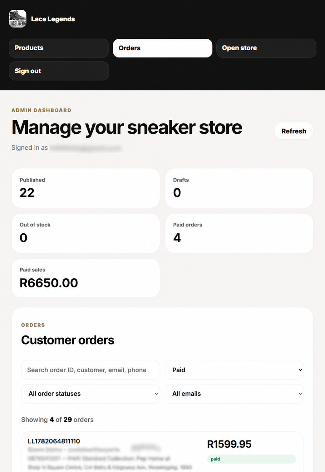 Lace Legends admin screenshot
