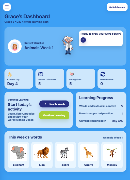 Dr Vocab learner dashboard screenshot